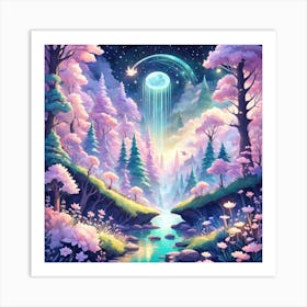 A Fantasy Forest With Twinkling Stars In Pastel Tone Square Composition 106 Art Print