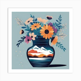 Vase With Flowers  decorated with snowy landscape, blue, orange Art Print