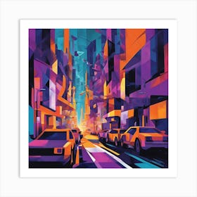 Bustling Neon Streetscape Cubism Style Art Print