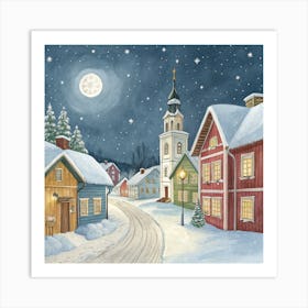 The Enchanting Winter Village In Christmas Night Art Print