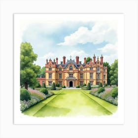 Watercolor Painting Of The Halton House In Buckinghamshire, Highlighting Its Grand Architecture And Extensive Gardens Art Print