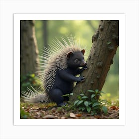 Playful Porcupine Climbing A Tree Trunk 1 Art Print