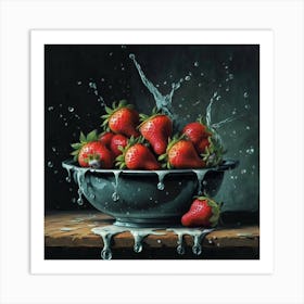 A delicate oil painting on black canvas of a plate filled with red berries Art Print
