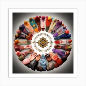 The Image Portrays A Diverse Group Of Hands Holding Symbols Representing Different Religions And Beliefs, Arranged In A Circle To Promote Unity And Understanding 1 Art Print