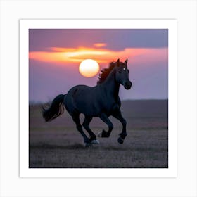 Black Horse At Sunset Art Print