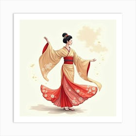 Graceful Geisha Performing A Traditional Dance, Flowing Robes In Soft Watercolor 1 Art Print