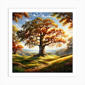 Majestic Oak Tree With Sprawling Branches Located In The Center Of A Serene Meadow Sunlight Filter 445022442 (1) Art Print