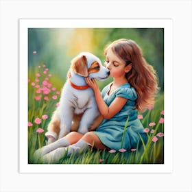 Little Girl Kissing Dog Art Print