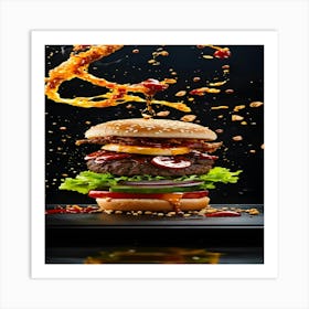 Burger Splashing On Black Background Art Print