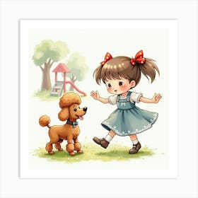 A Toy Poodle And A Girl With Pigtails Playing In A Playground, Watercolor Art Print