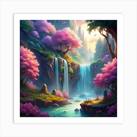 Serene Waterfall In A Fantasy Forest Art Print