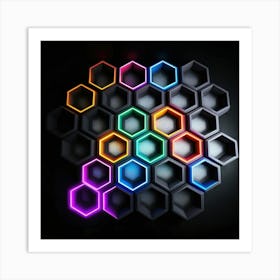 Hexagonal shapes with neon lights, futuristic, cyberpunk, background 3 Art Print