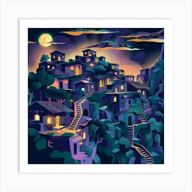 Town at Night Cubism Art Print