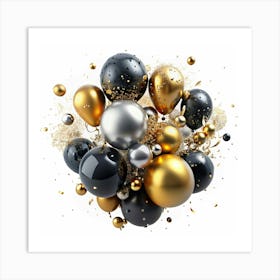 Black, Gold, And Silver Balloons With Confetti Art Print