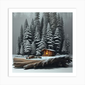 Small wooden hut inside a dense forest of pine trees with falling snow 7 Art Print