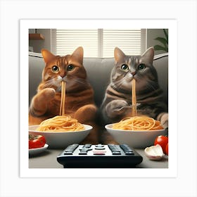 Two Cats Are Sitting On A Couch, Eating Spaghetti And Watching Tv4 Art Print