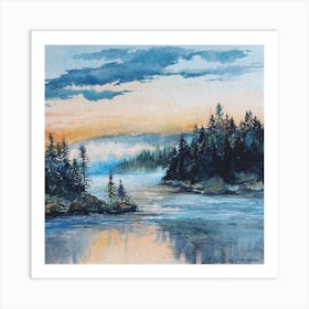 Watercolor Landscape Forest Lake Square Art Print