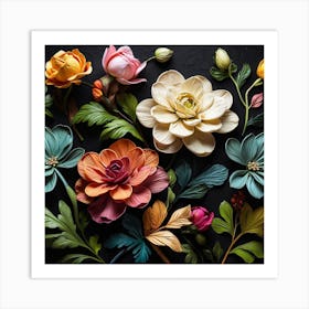 Abstract Flowers On A Black Background Art Print