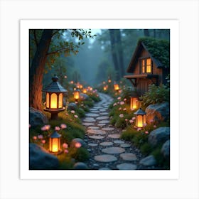 Whimsical Fairy Garden With Glowing Lanterns And Flowers 1 Art Print