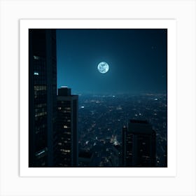 Full Moon Rising Over City At Night Art Print