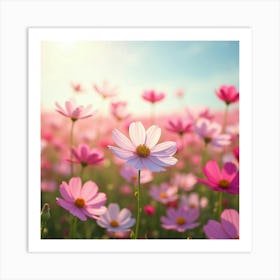 A Field Of Blooming Cosmos Flowers With A Soft, Dreamy Sky 4 Art Print