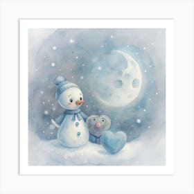 Snowman And Moon 1 Art Print