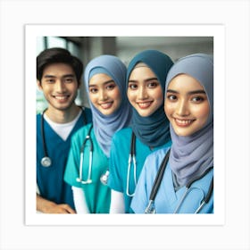 A group of four healthcare professionals, wearing blue scrubs and stethoscopes around their necks, pose for a photo in a hospital setting. The two women on the right are wearing white hijabs, while the woman on the left is wearing a blue hijab. The man on the left is not wearing a hijab. They are all smiling and looking at the camera. Art Print