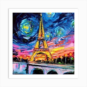 Paris At Night Eiffel Tower Starry Night Van Gogh Art Print