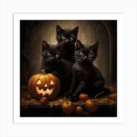 Three Black Cats With Pumpkins Art Print