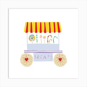 Candy Cart Treat Wagon with Jammy Dodger Wheels, Fun Circus Animal, Cake, Biscuit, Sweet Treat Print, Square Art Print