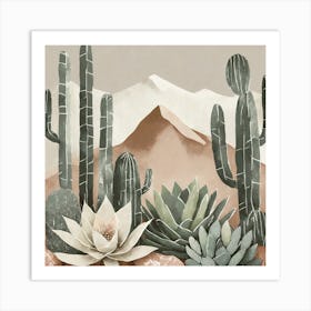 Firefly Modern Abstract Beautiful Lush Cactus And Succulent Garden In Neutral Muted Colors Of Tan, G (15) Art Print