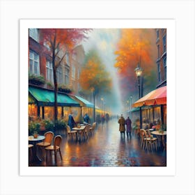 Amsterdam cafes, autumn season, rain, autumn oil colours.Faded colours,People passing on the street, winter clothes, rain umbrellas.16 Art Print