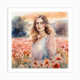 Watercolor Of A Girl In A Field Of Poppies Art Print