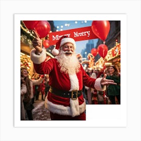 A Festive Christmas Scene With A Cheerful Man Dressed As Santa Claus Holding A Sign Fingers Pointin 2 1 Art Print