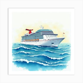 Vibrant Cruise Ship On Watercolor Gentle Waves 1 Art Print