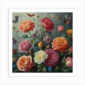 Roses And Butterflies Art Print