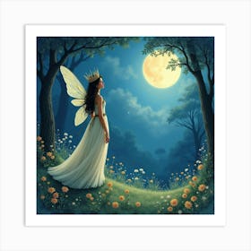 Fairy Queen In A Moonlit Glade, Watercolor 1 Art Print