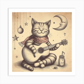 A cat playing a guitar 1 Art Print