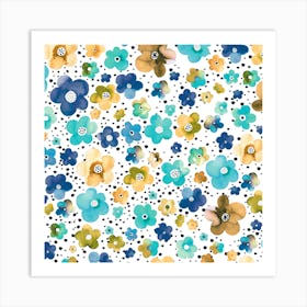 Dots Naive Flowers Blue Multi Ocre Square Art Print