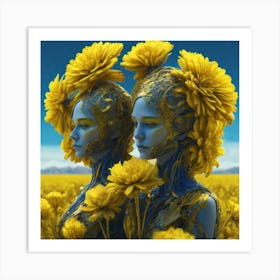 Two Women In A Field Of Yellow Flowers Art Print