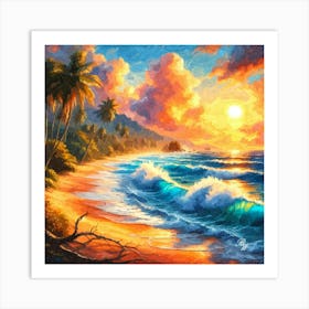 Oil Texture Tropical Beach At Sunset 4 Art Print