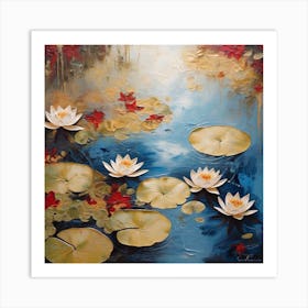 Surface of water with water lilies and maple leaves Art Print