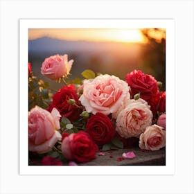 Bouquet Of Mixed Red And Pink Roses Peonies Delicately Woven Into Vines Soft Focus With Scattered (5) Art Print