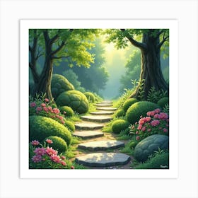 A Peaceful Garden Path With Moss Covered Stones, Softly Glowing In Watercolor 1 Art Print