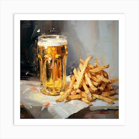 Thatworksmedia One Beer And French Fries Hand Drawn Oil Art Print