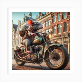 Steampunk Rat On A Motorcycle In The Center Of Amsterdam Art Print