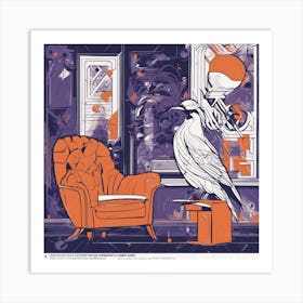 Drew Illustration Of Bird On Chair In Bright Colors, Vector Ilustracije, In The Style Of Dark Navy A (3) Art Print
