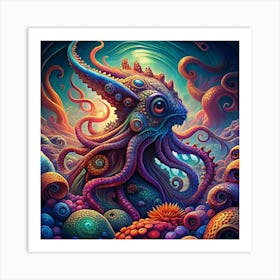 Psychedelic Deep Sea Octopus With Colorful Coral Art Print