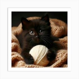 Black Kitten With A Ball Of Yarn Art Print