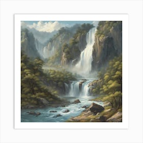 Waterfall In The Mountains Art Print